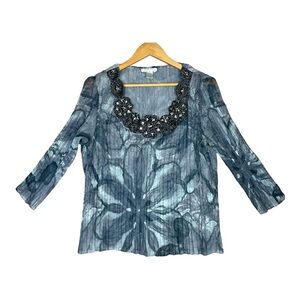 Alberto Makali Crinkle Pleat Blouse Gray Artsy Floral Long Sleeve XL Boho Sequin